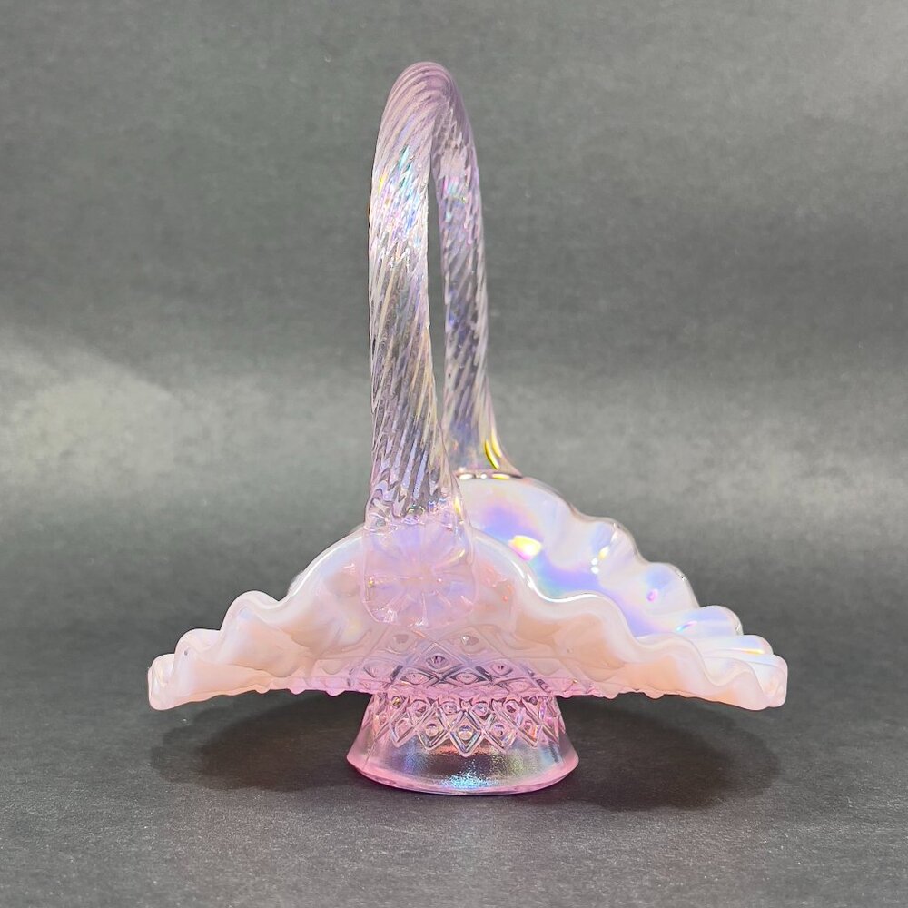 Vtg Fenton Diamond Lace Glass Pink Opalesce Iridescent Footed Basket Ruffle Edge